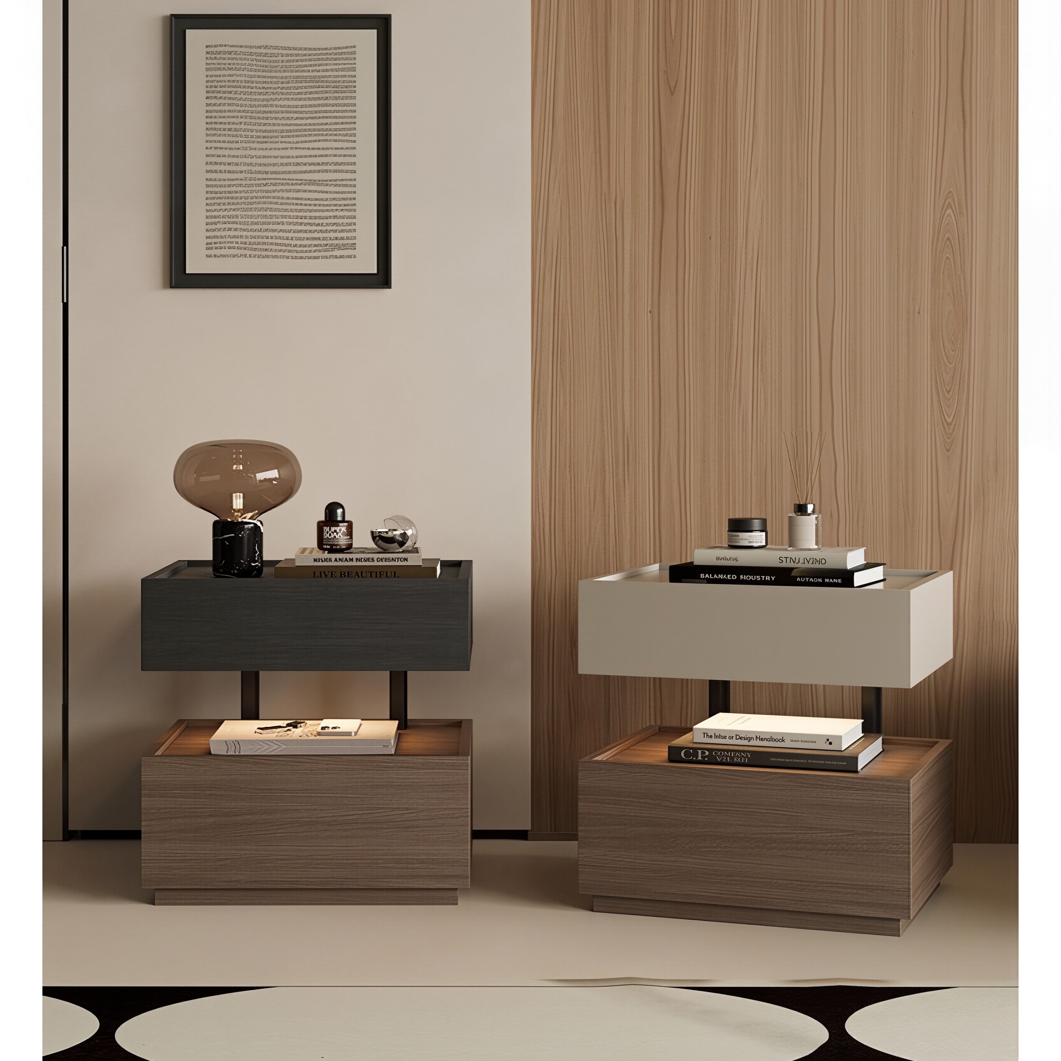 ENF Wood Floating Bedside Table with Layered Storage