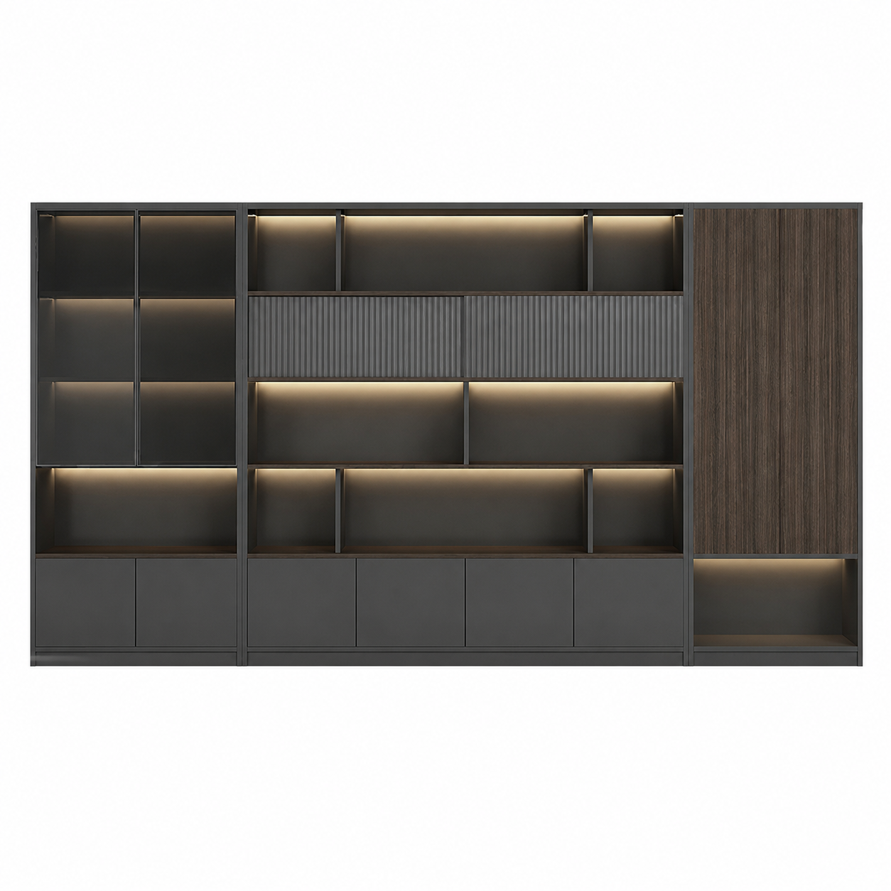 Dark Woodgrain Office Storage Suite with Fluted Panel Doors