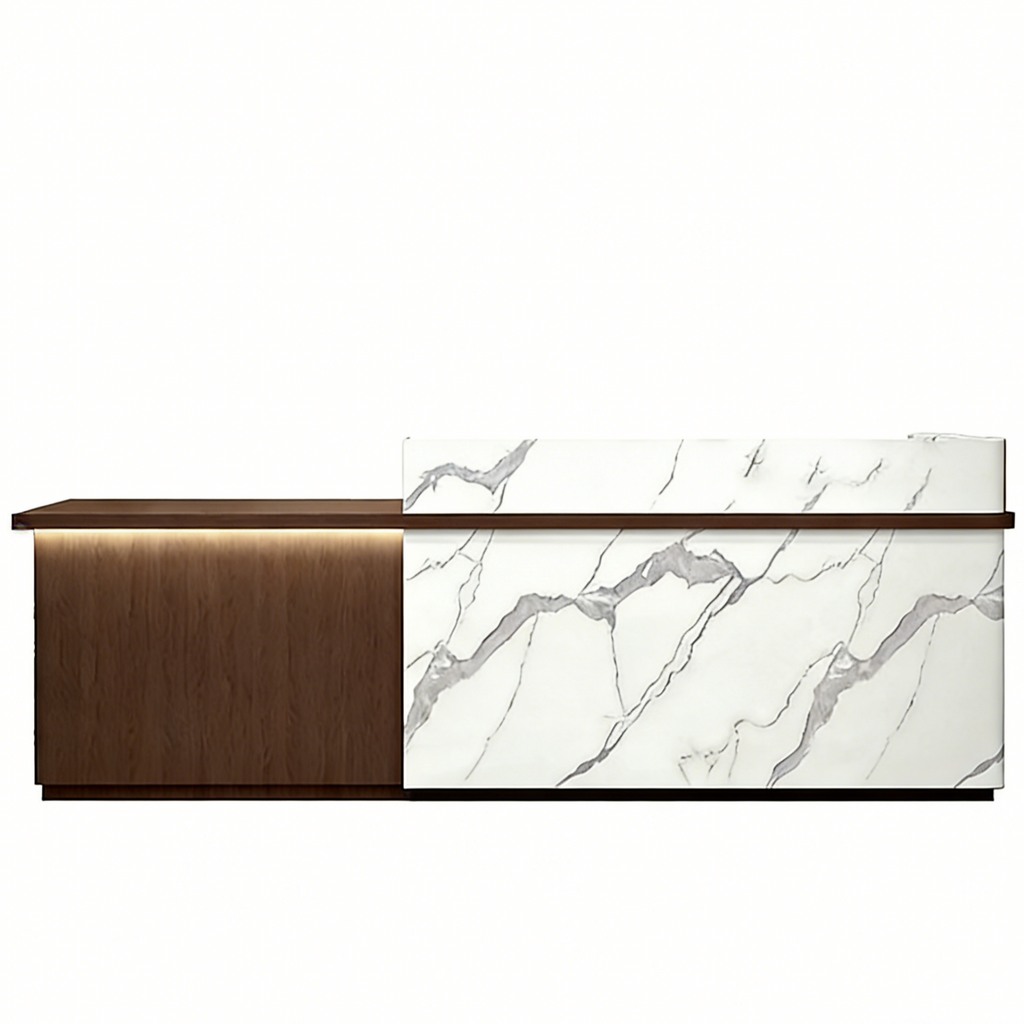 LED Reception Desk with Timber Return and Signage Panel