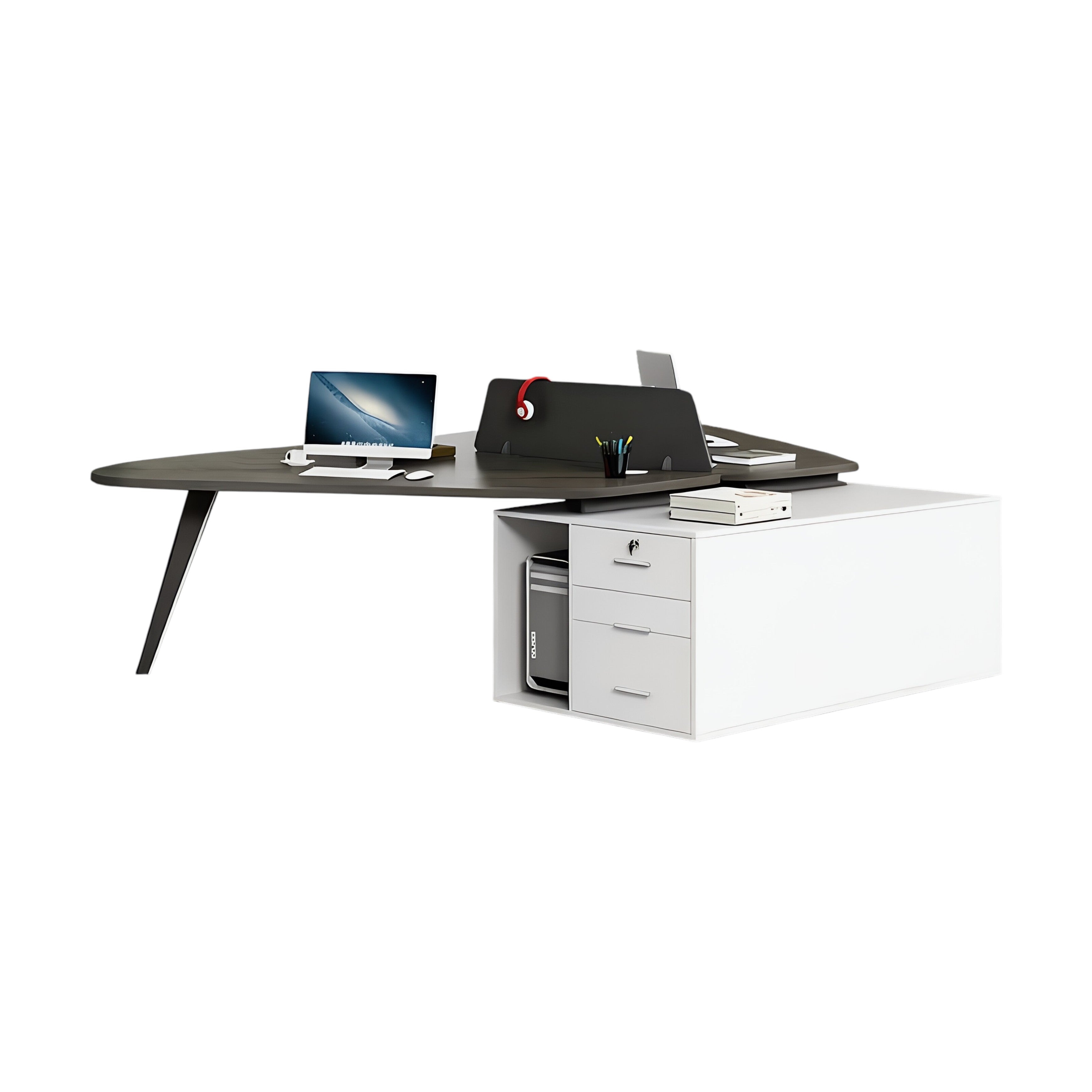 Modern Butterfly-Shaped Office Workstation Desk with Central Storage and Privacy Divider Screen
