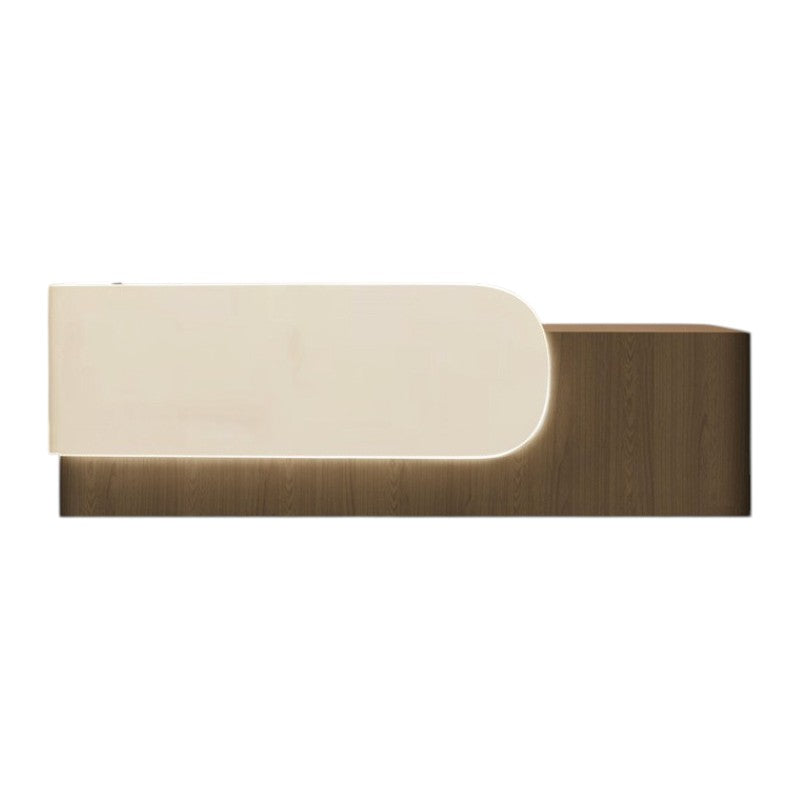 Elegant Reception Counter with Curved White Marble Front and Integrated Lighting for Entryways