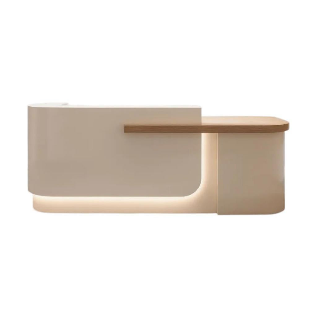 Modern Curved Reception Desk with Return Counter and Timber-Look Side Panel
