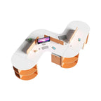 Curved Multi-Person Office Workstation with Divider Panels and Integrated Storage Shelving