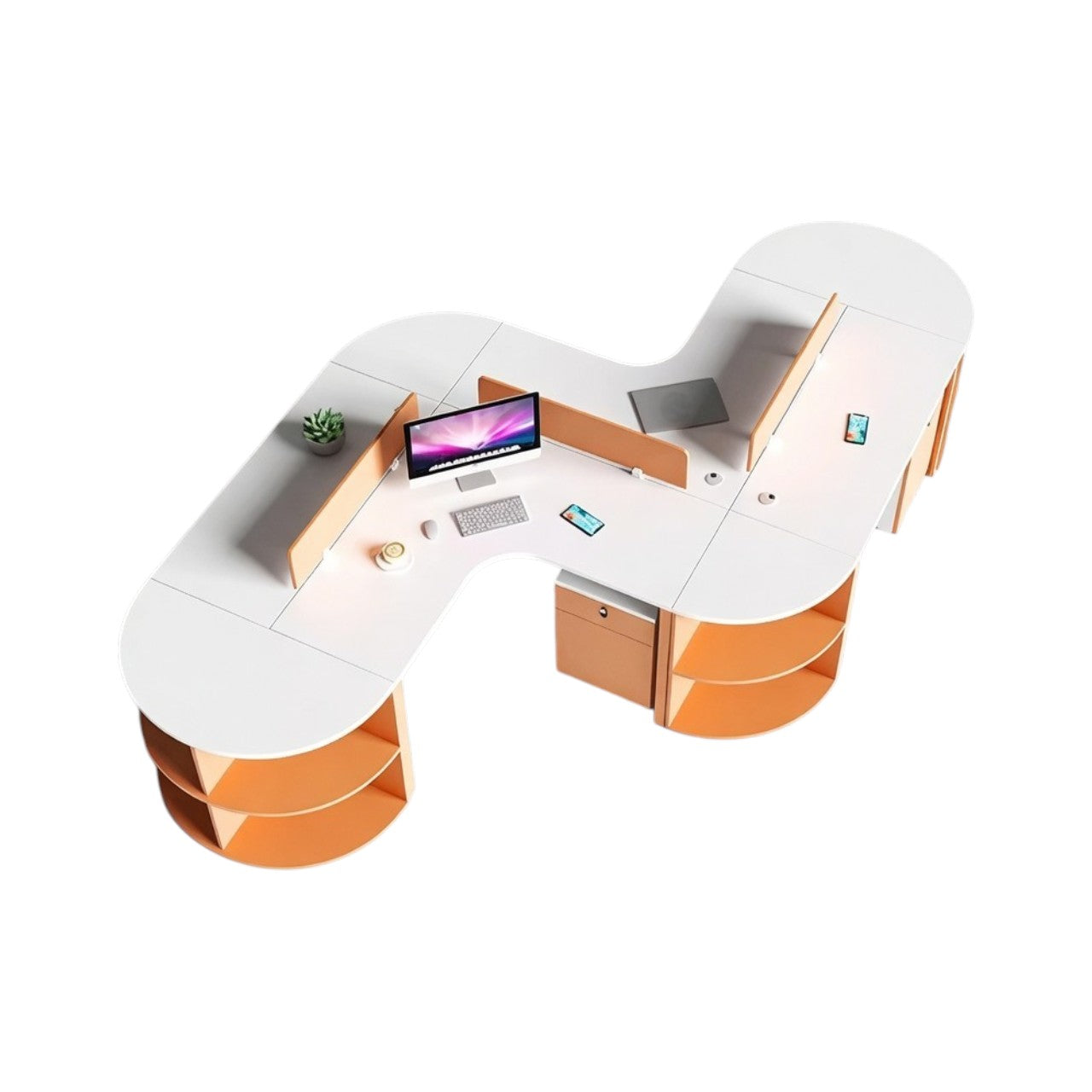 Curved Multi-Person Office Workstation with Divider Panels and Integrated Storage Shelving