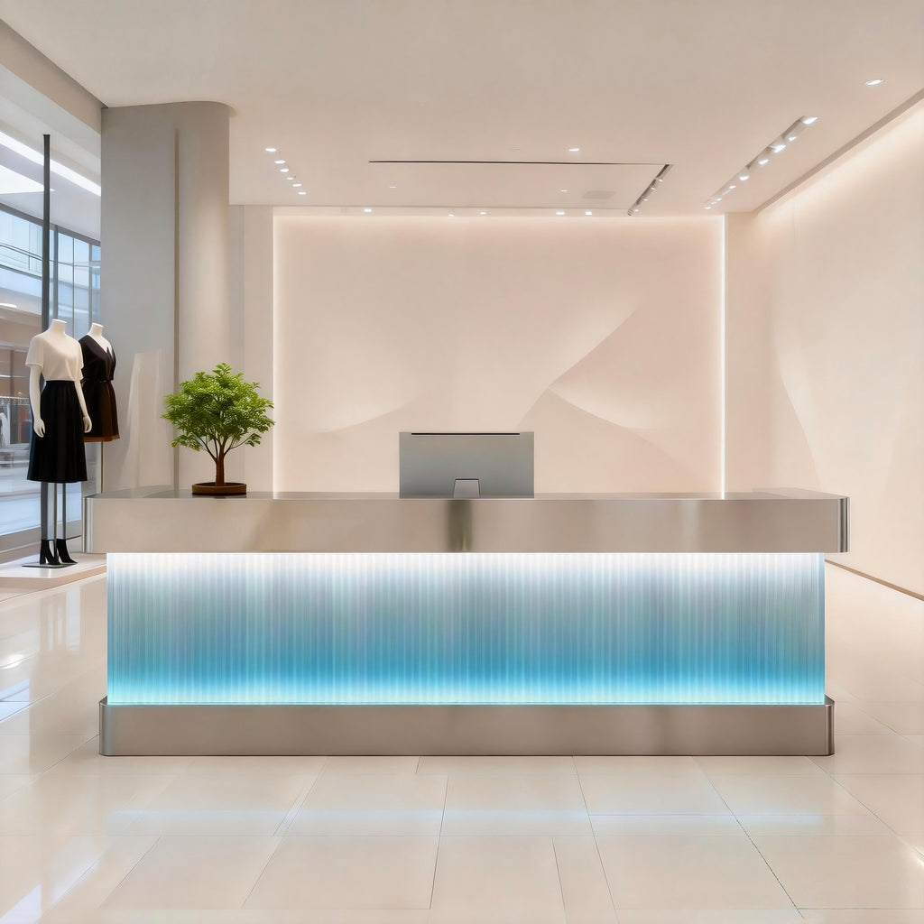 Stainless Steel Salon Reception Desk with LED Acrylic Front