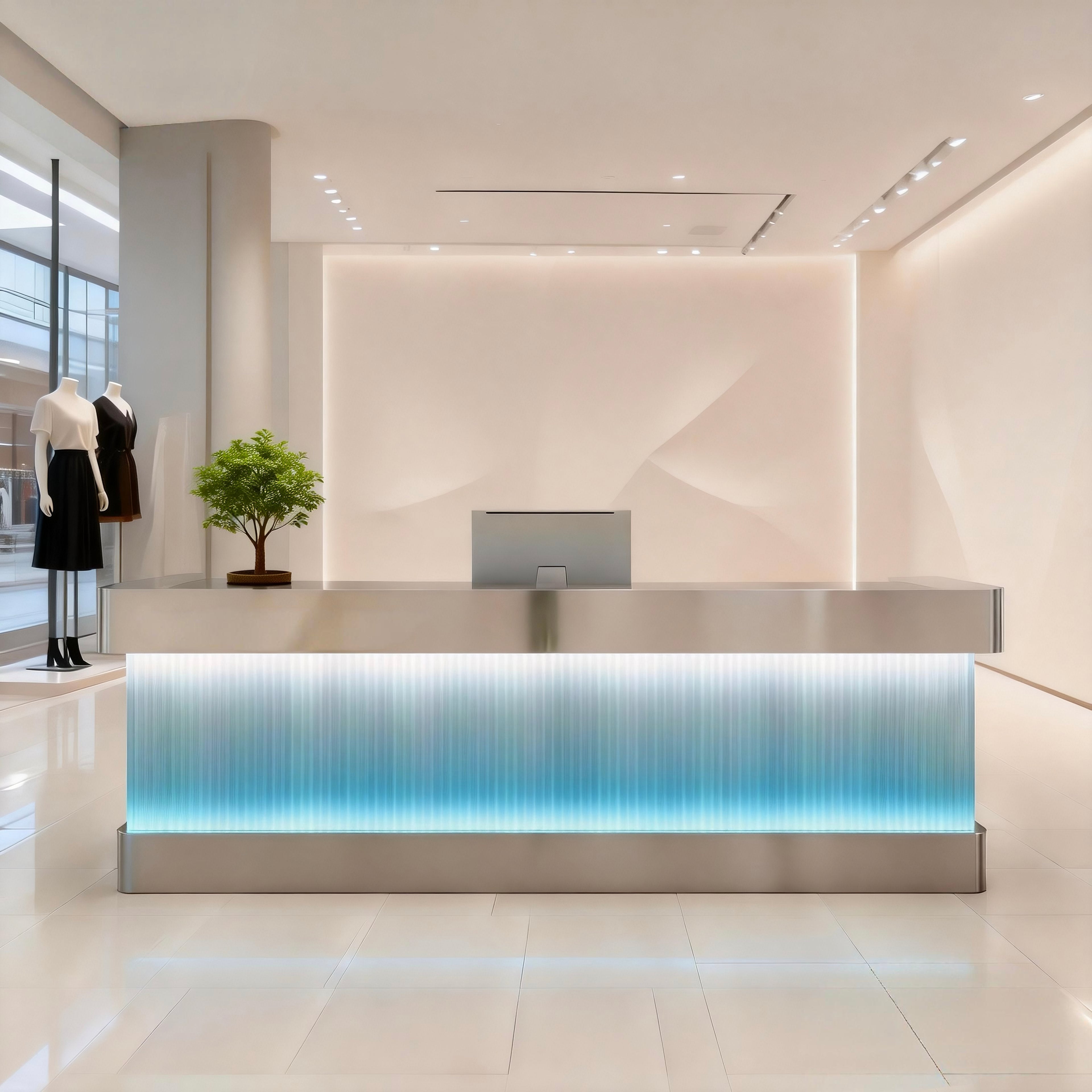 Stainless Steel Salon Reception Desk with LED Acrylic Front