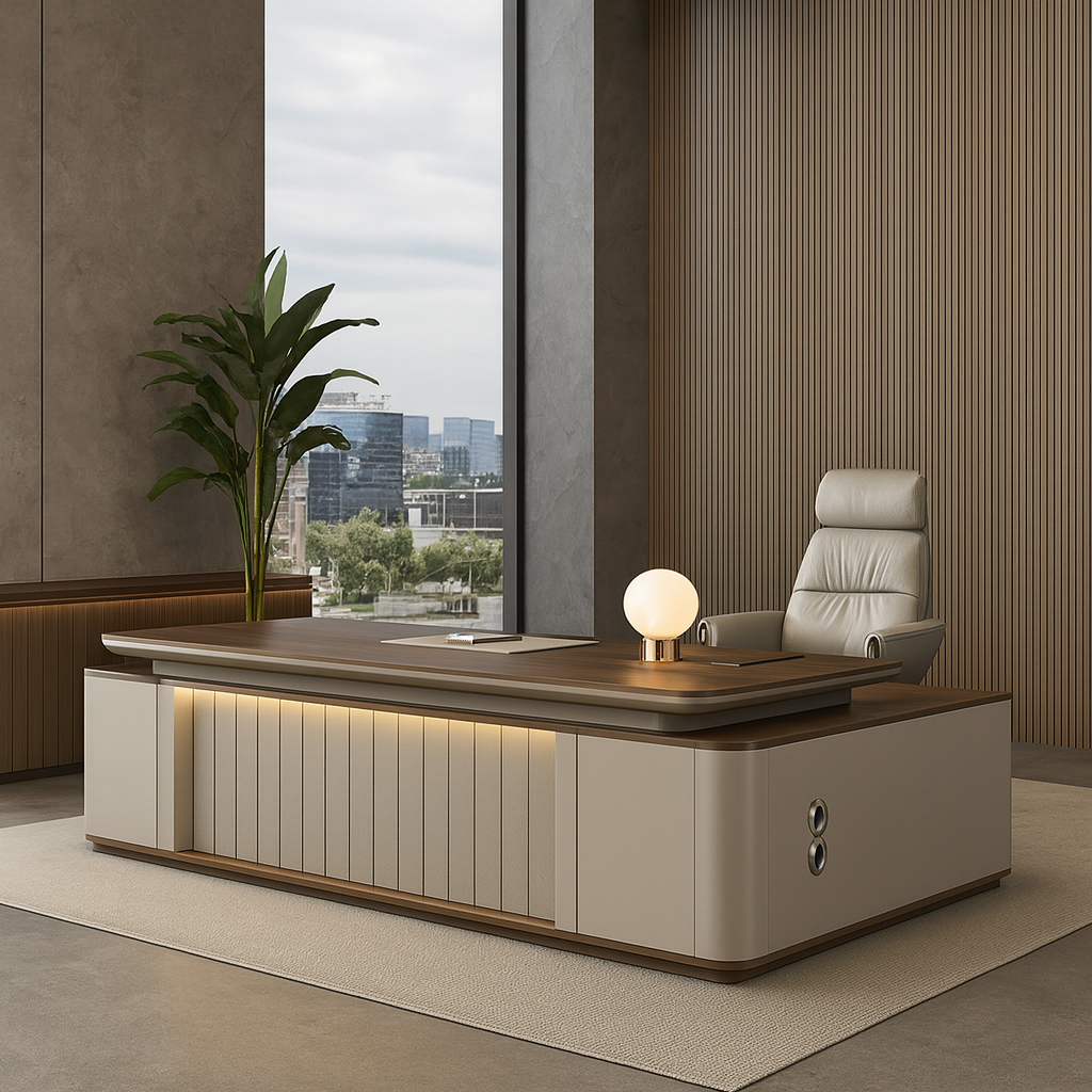 Walnut-Finish Executive Office Desk with Custom LED Lighting