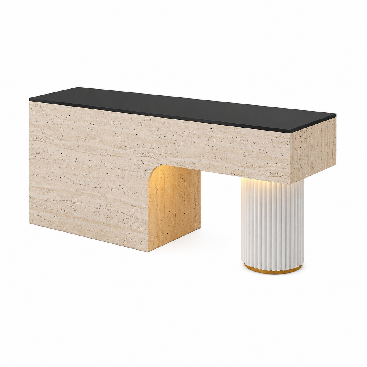 Travertine-Look Reception Desk with Fluted Column and LED Accent