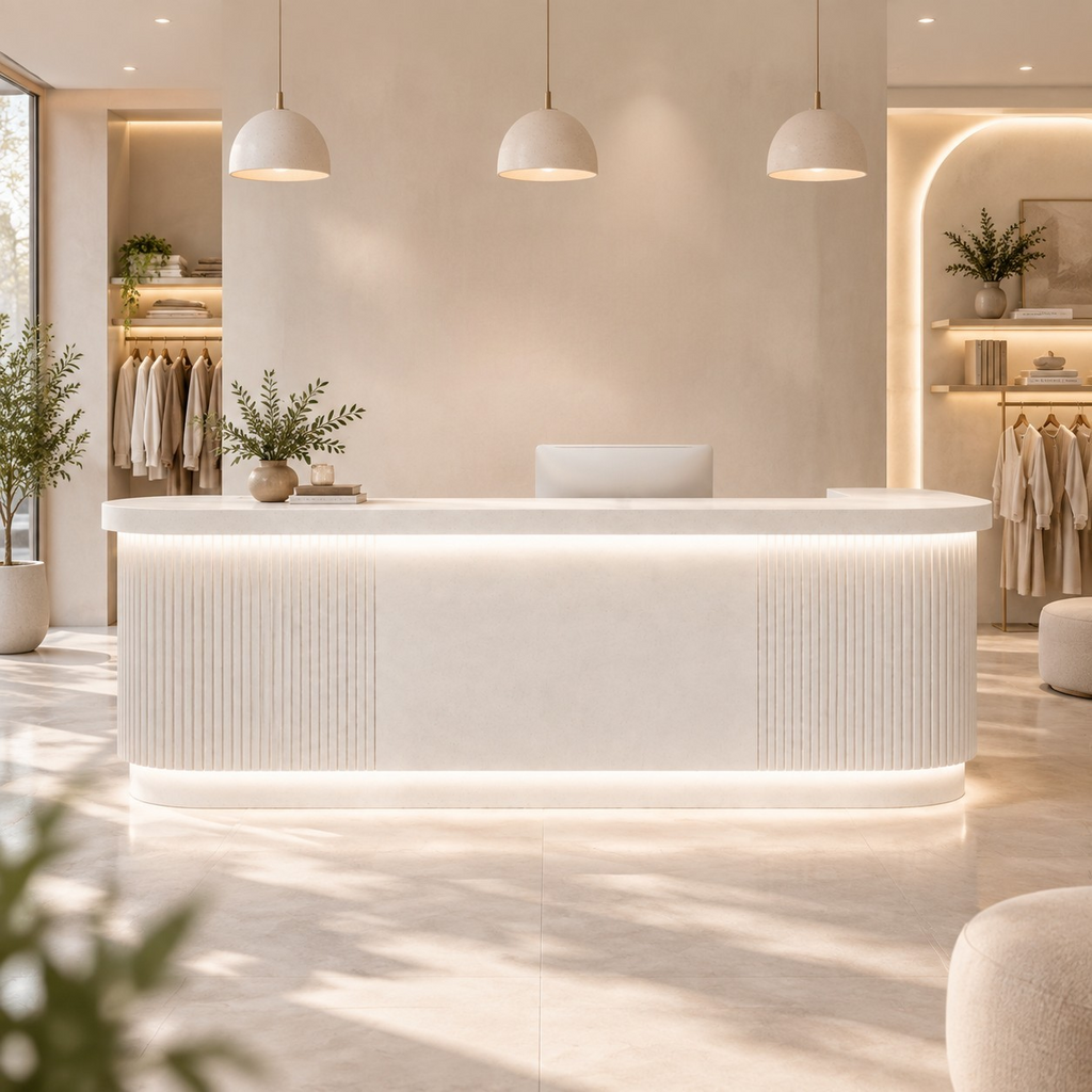 Fluted White Reception Counter for Retail Spaces