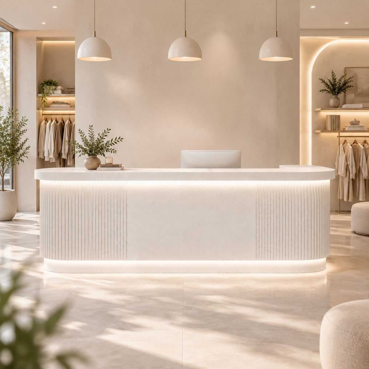 Fluted White Reception Counter for Retail Spaces