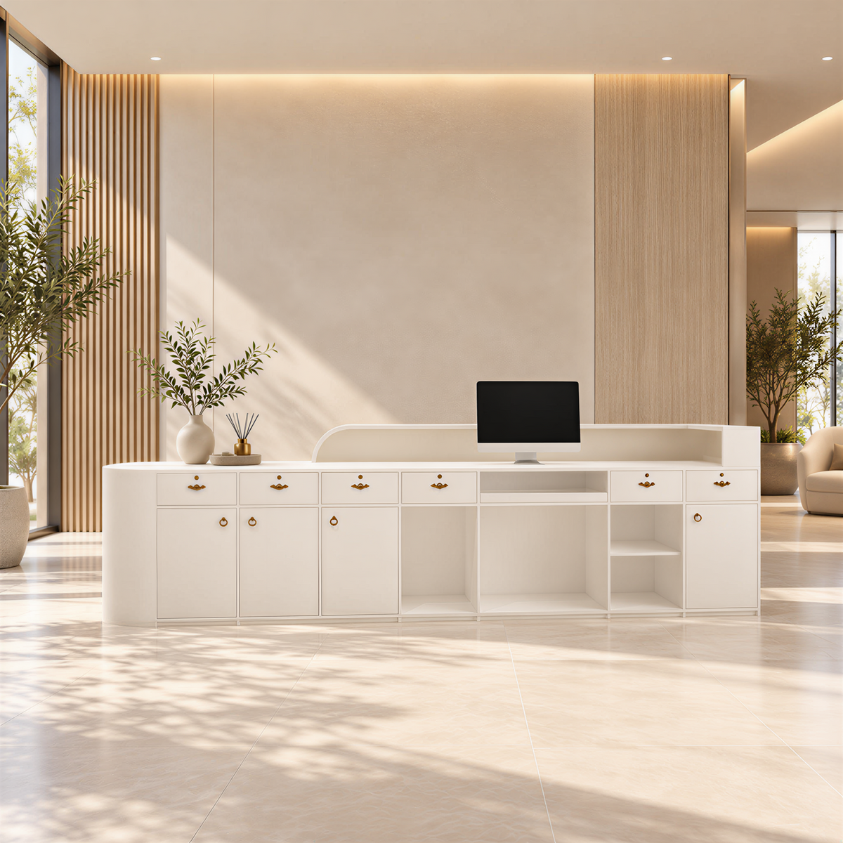 Modern Reception Counter with Sculptural Wave Design and Custom Finishes