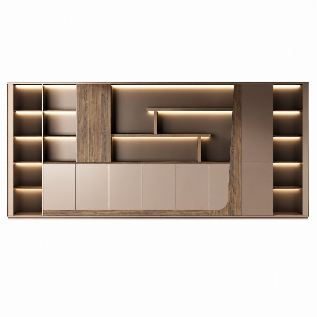 Modern Storage Wall Unit with LED Lighting, Hidden Wardrobe and Push Open Cabinets