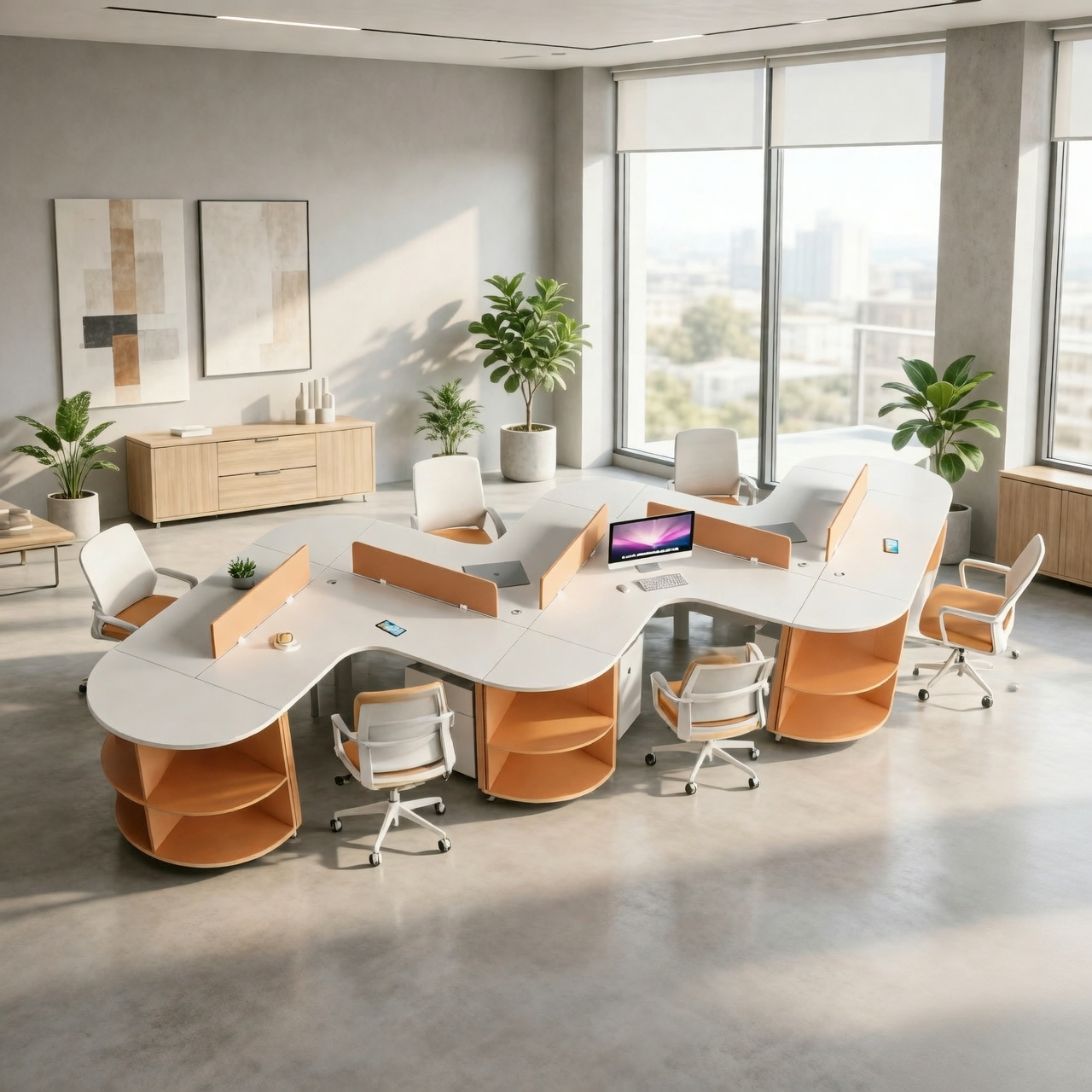 Curved Multi-Person Office Workstation with Divider Panels and Integrated Storage Shelving