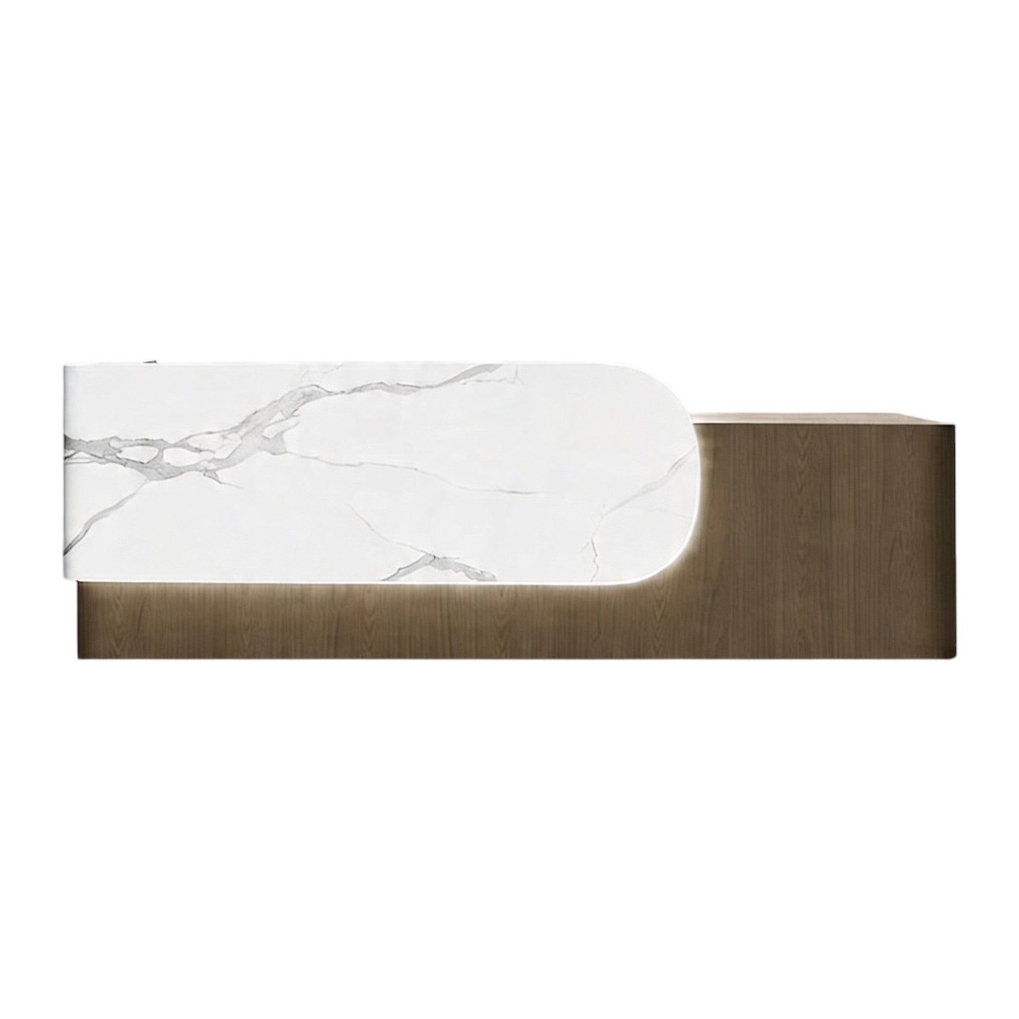 Elegant Reception Counter with Curved White Marble Front and Integrated Lighting for Entryways