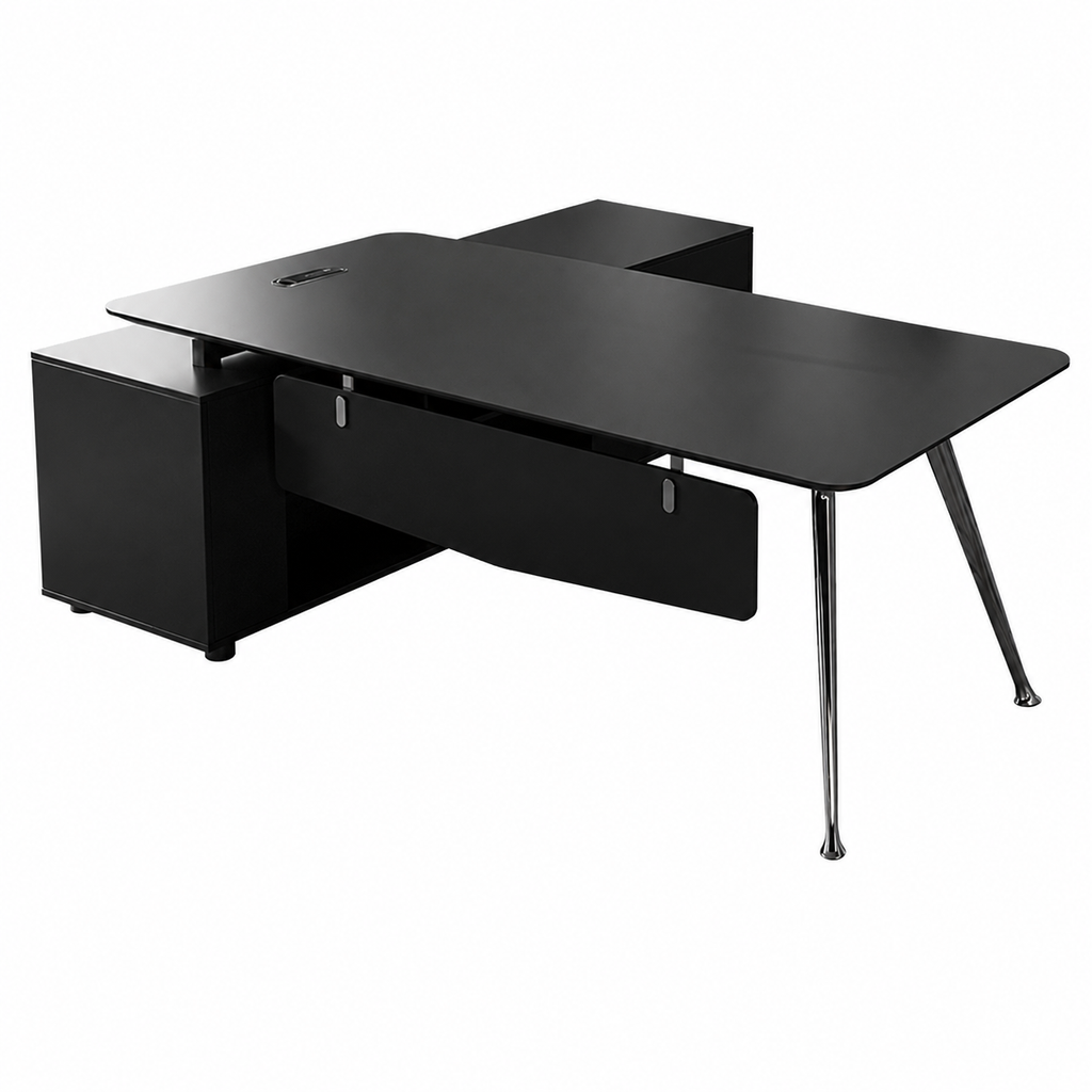 Modern Executive Desk with Walnut-Style Worktop, Privacy Panel and Chrome Tapered Legs