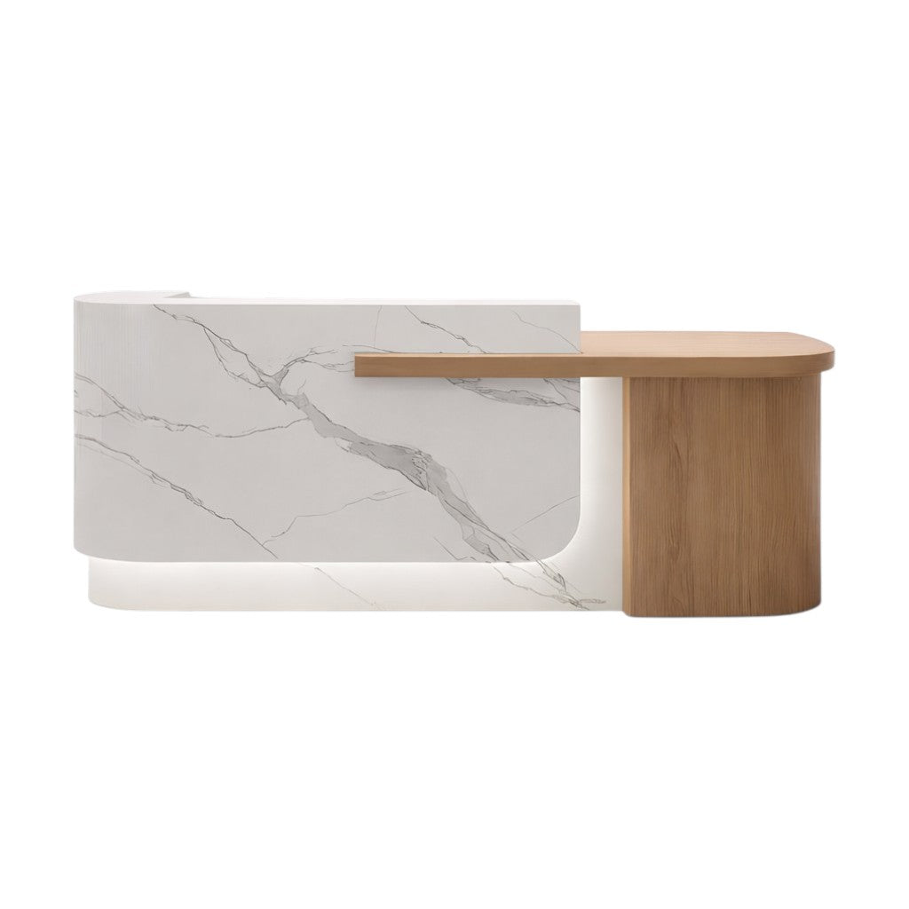 Modern Curved Reception Desk with Return Counter and Timber-Look Side Panel