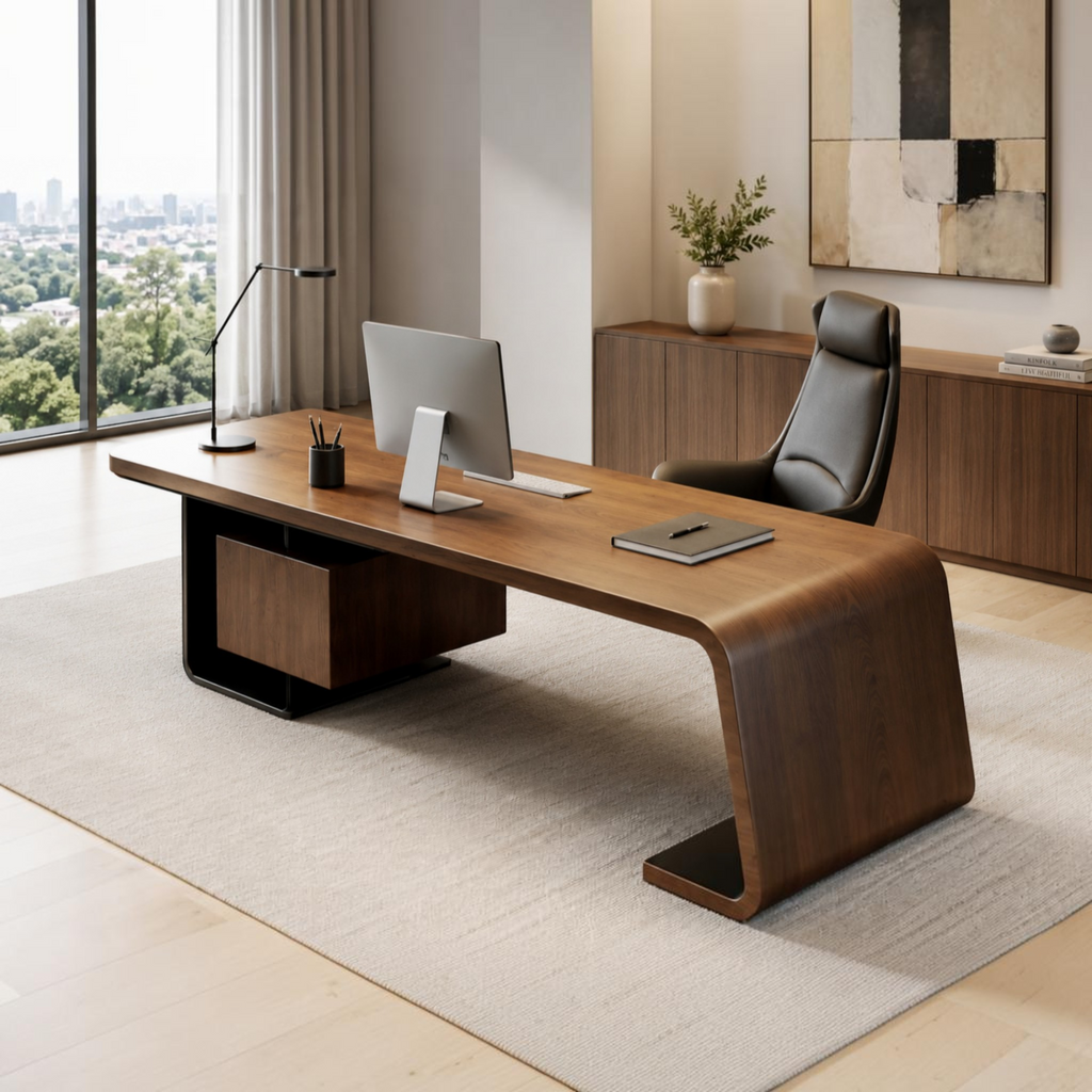 Premium Solid Wood Executive Office Desk with Curved Waterfall Design and Dual Drawers