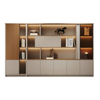 Modern Executive Office Storage Cabinet with Open Shelves and LED Display Lighting