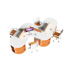 Curved Multi-Person Office Workstation with Divider Panels and Integrated Storage Shelving