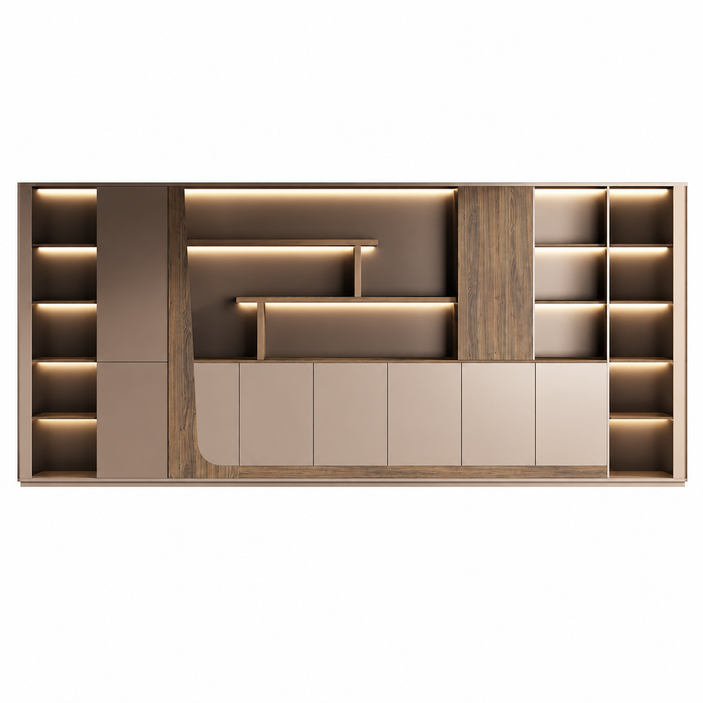 Modern Storage Wall Unit with LED Lighting, Hidden Wardrobe and Push Open Cabinets