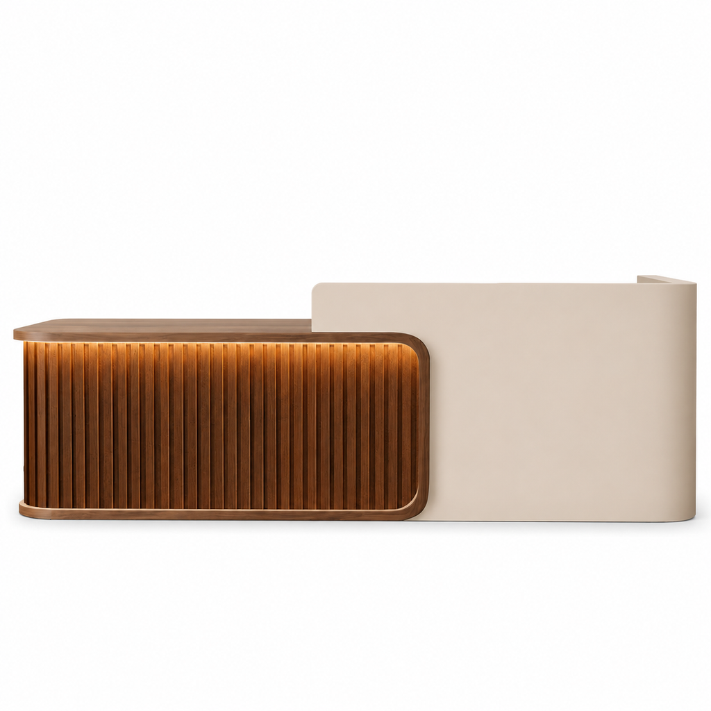 Luxury LED Reception Desk with Fluted Wood Grain Panels and Rounded Edges