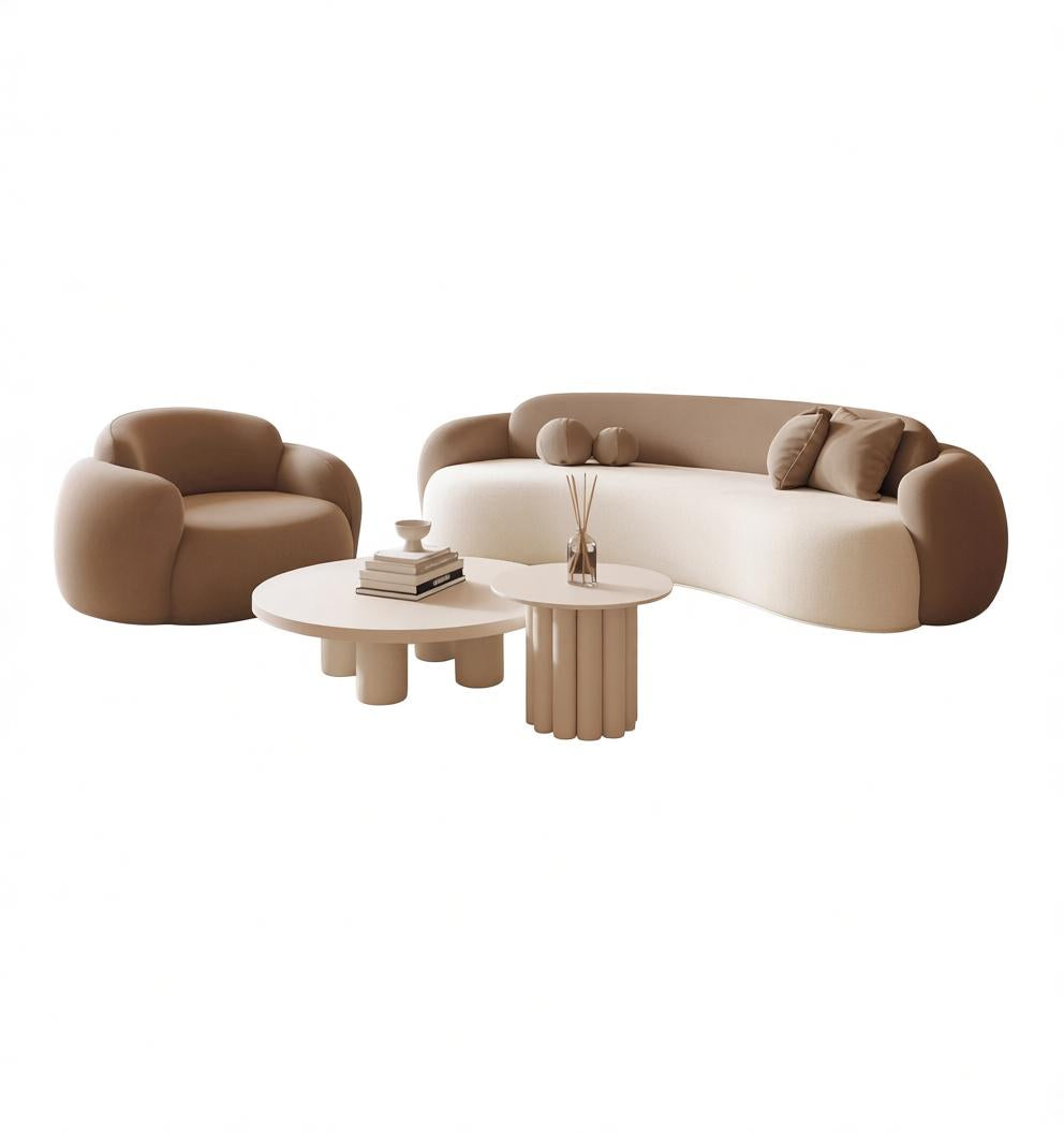 Curved Cream Bouclé Sofa and Round Coffee Table Lounge Set with Accent Armchair