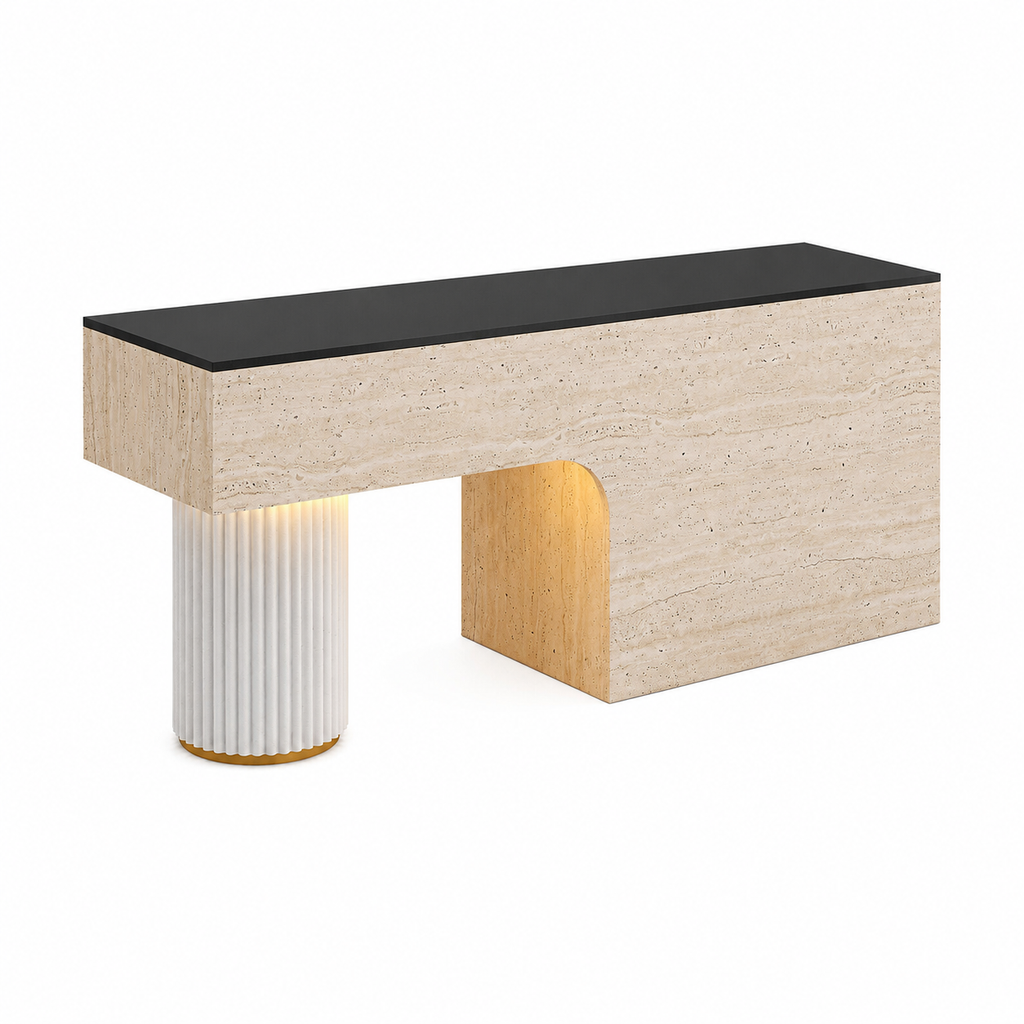 Travertine-Look Reception Desk with Fluted Column and LED Accent