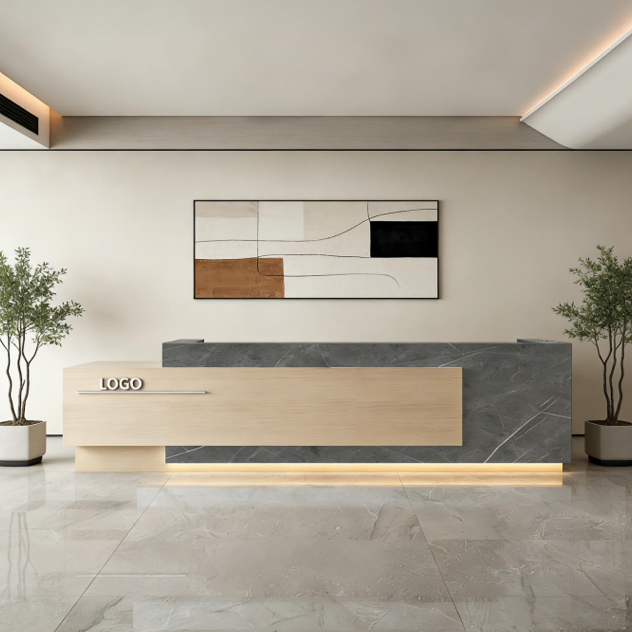 Corporate Reception Counter with Timber Inlay and LED Glow