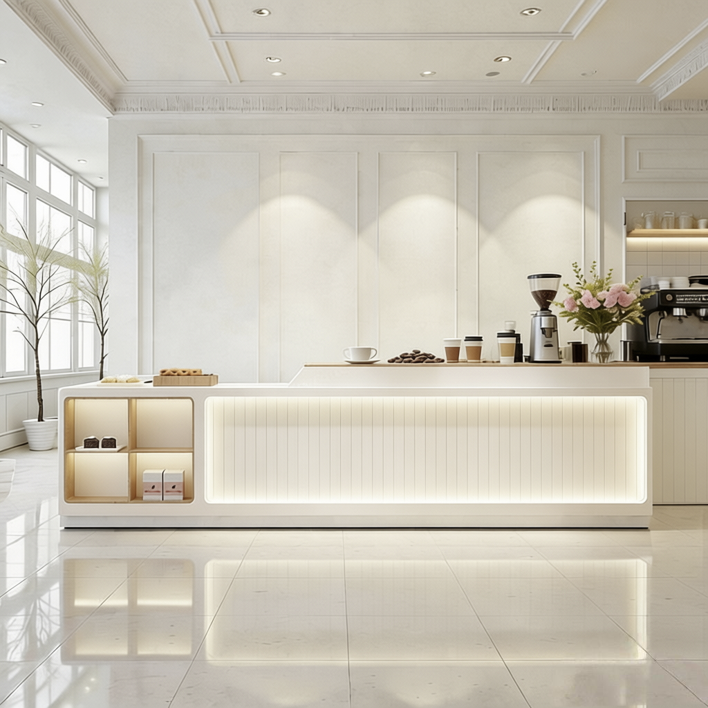 Stylish Lit Café Counter with Storage Shelves for Modern Hospitality Workspaces
