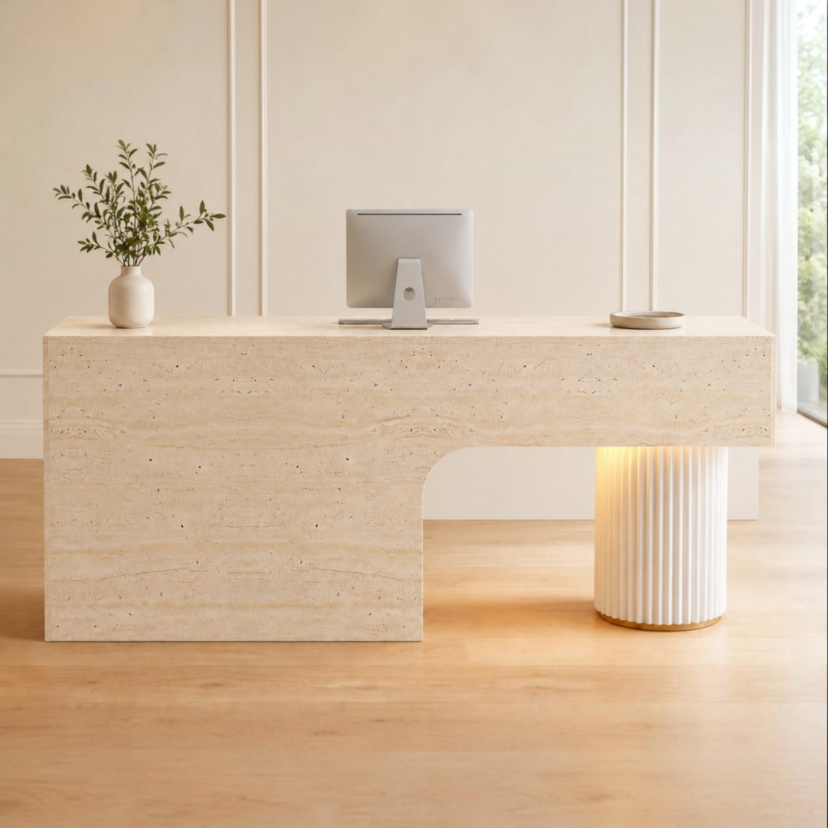 Travertine-Look Reception Desk with Fluted Column and LED Accent