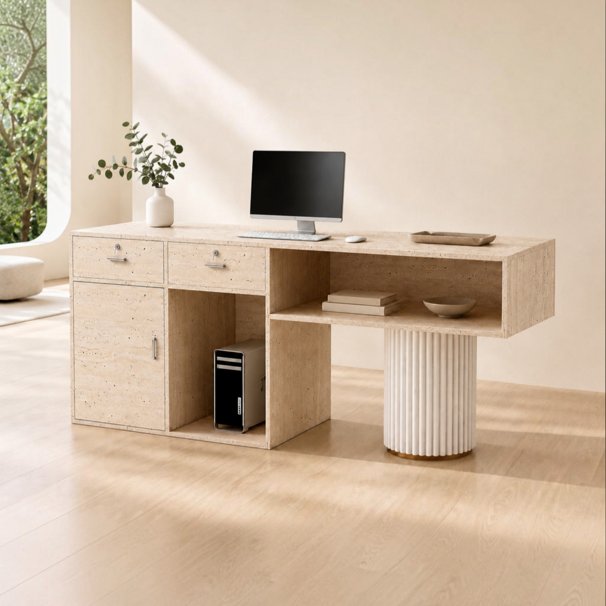 Travertine-Look Reception Desk with Fluted Column and LED Accent