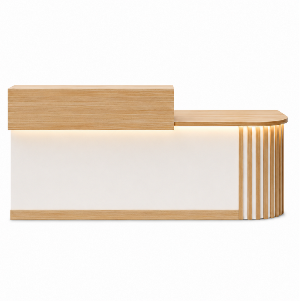 Modern Curved Reception Desk with LED Lighting and Storage Counter