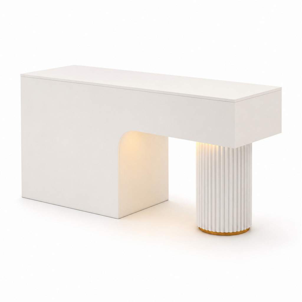 Travertine-Look Reception Desk with Fluted Column and LED Accent