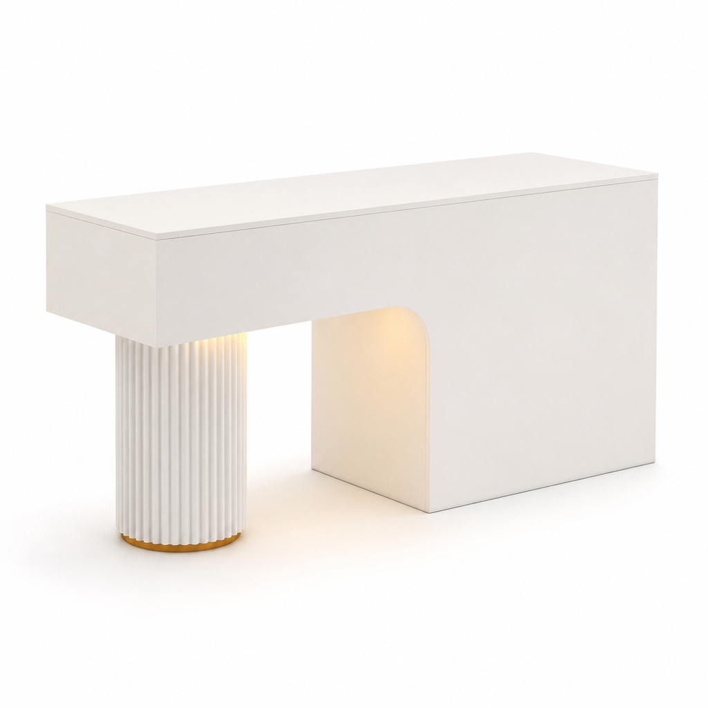 Travertine-Look Reception Desk with Fluted Column and LED Accent