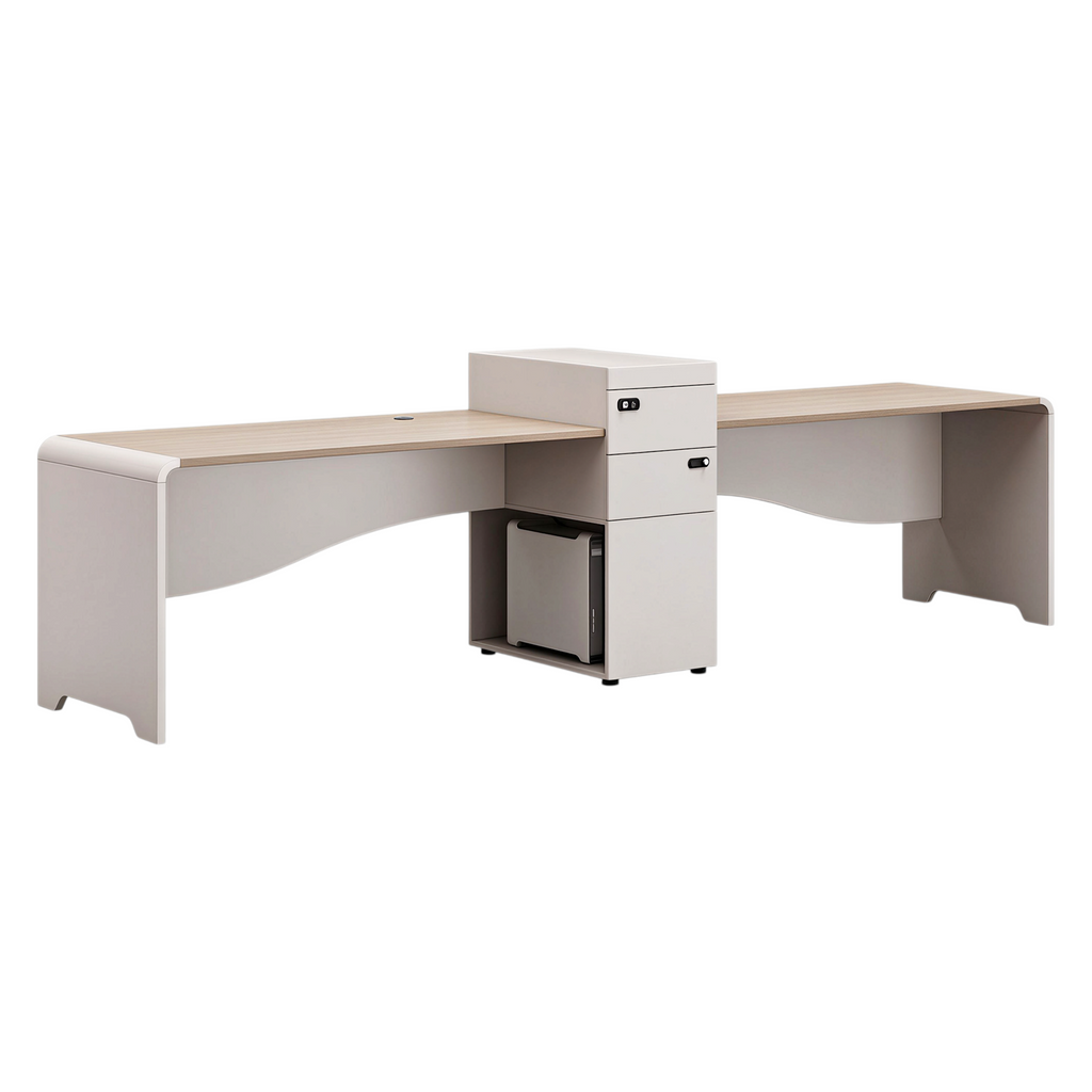 Modern Staff Desk with Curved Privacy Screen & Side Cabinet