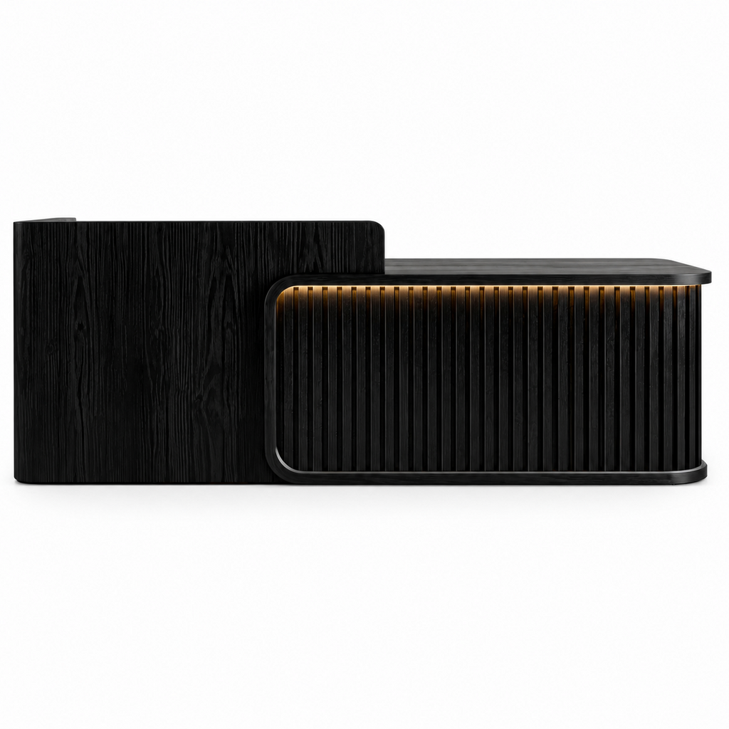 Luxury LED Reception Desk with Fluted Wood Grain Panels and Rounded Edges
