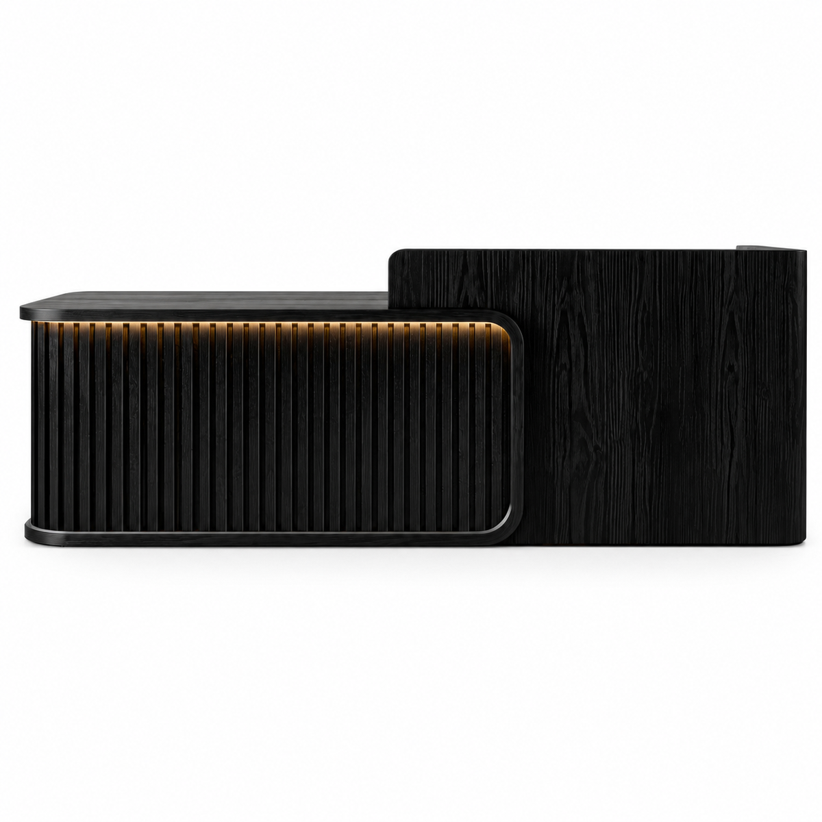 Luxury LED Reception Desk with Fluted Wood Grain Panels and Rounded Edges