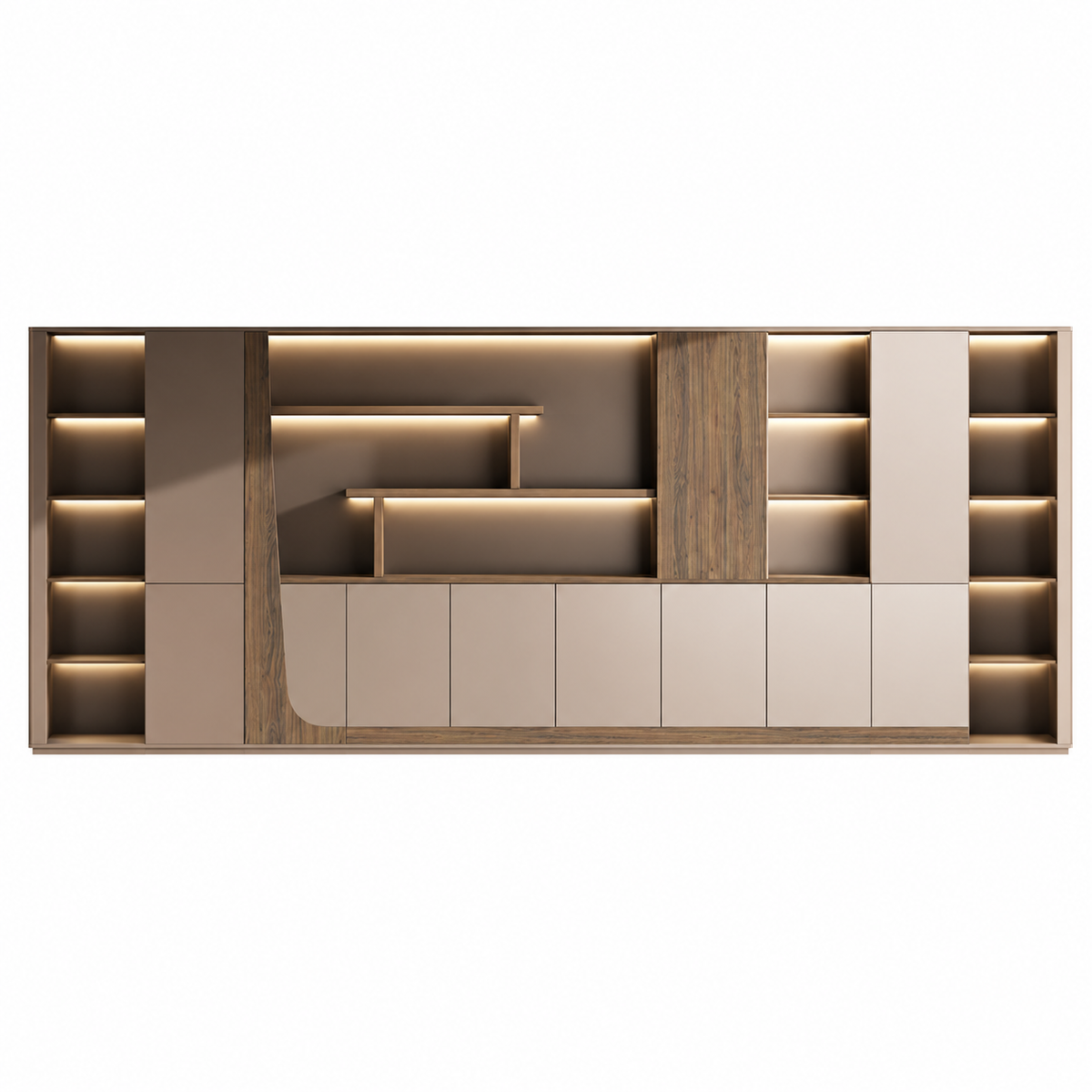 Modern Storage Wall Unit with LED Lighting, Hidden Wardrobe and Push Open Cabinets