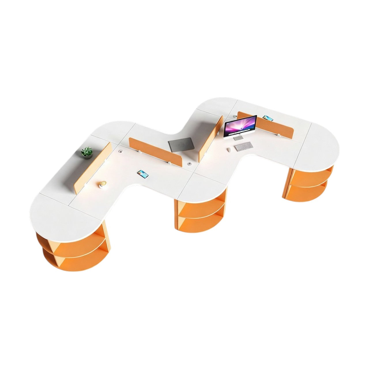 Curved Multi-Person Office Workstation with Divider Panels and Integrated Storage Shelving
