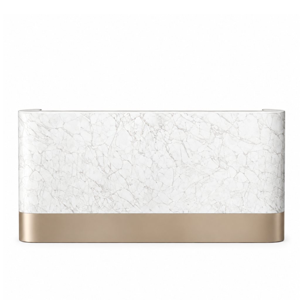 Modern Reception Counter Featuring Curved Safe Corners And Custom Brand Mark