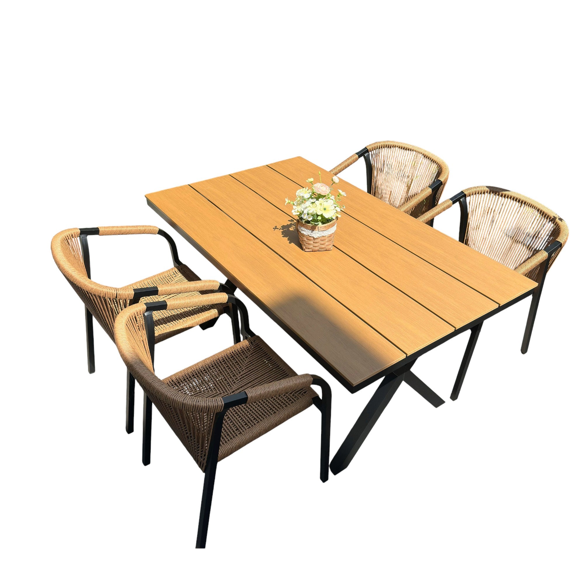 Outdoor Rope-Weave Dining Set With Timber-Look Table