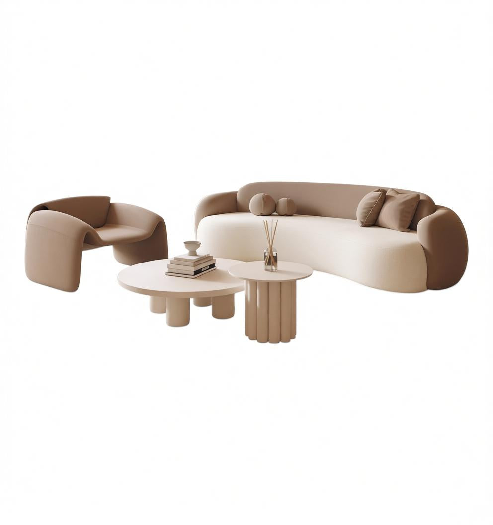 Curved Cream Bouclé Sofa and Round Coffee Table Lounge Set with Accent Armchair
