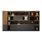 Custom office storage wall system with multiple cabinets and display compartments