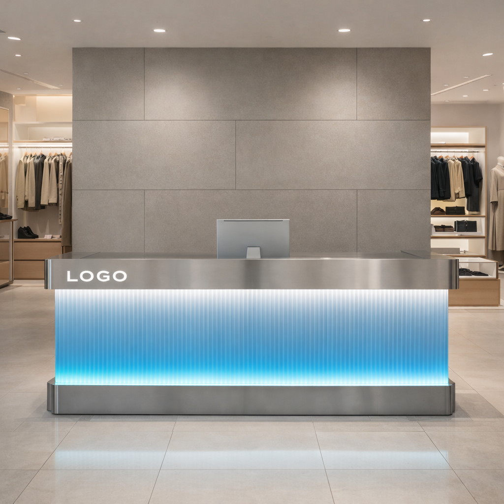 Stainless Steel Salon Reception Desk with LED Acrylic Front