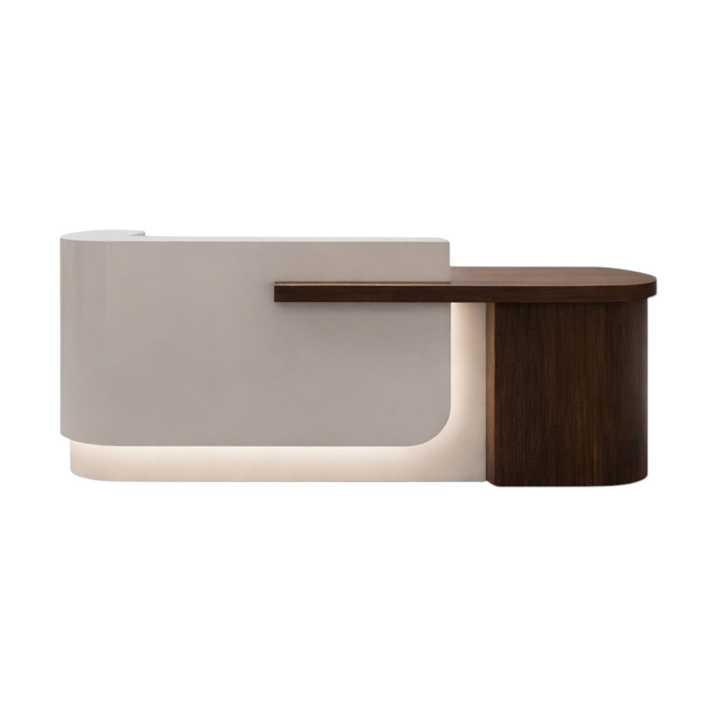 Modern Curved Reception Desk with Return Counter and Timber-Look Side Panel