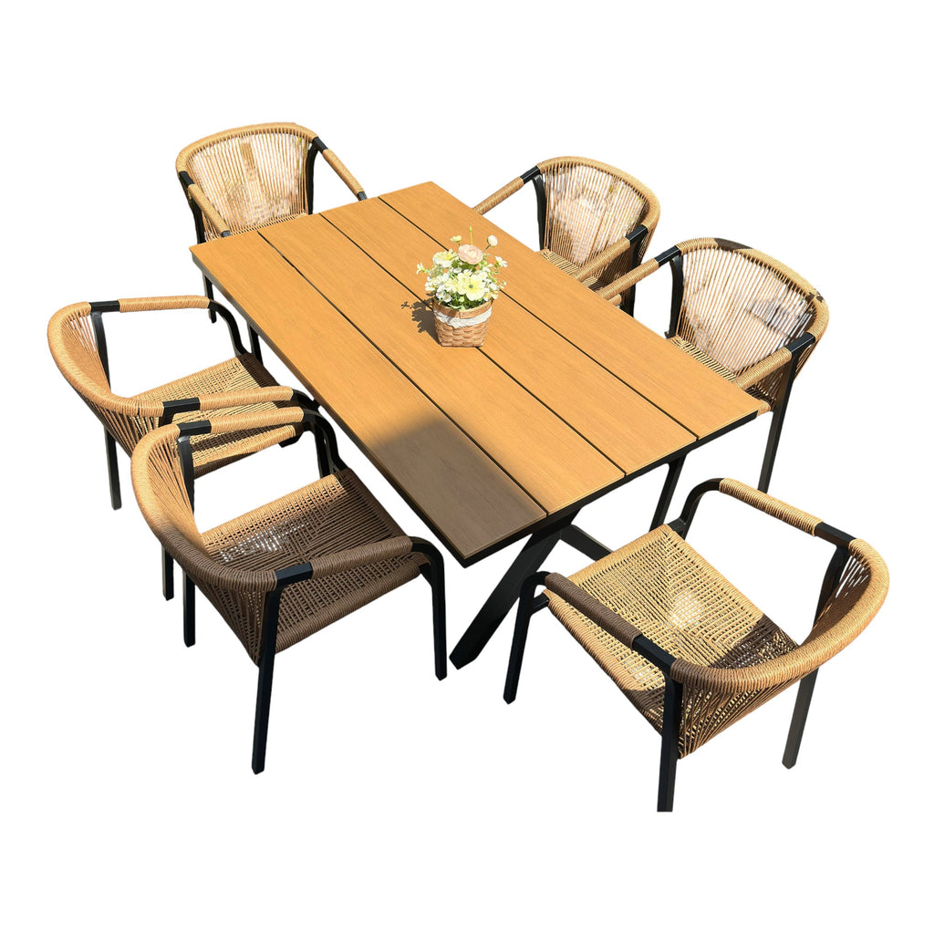 Outdoor Rope-Weave Dining Set With Timber-Look Table