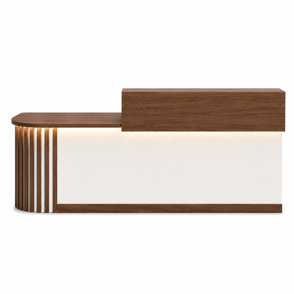 Modern Curved Reception Desk with LED Lighting and Storage Counter