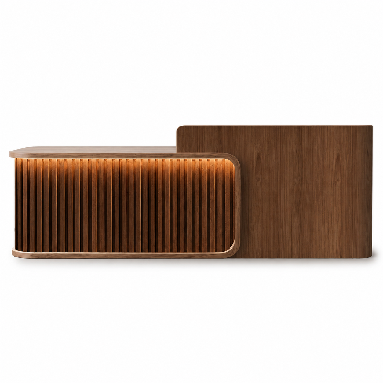 Luxury LED Reception Desk with Fluted Wood Grain Panels and Rounded Edges