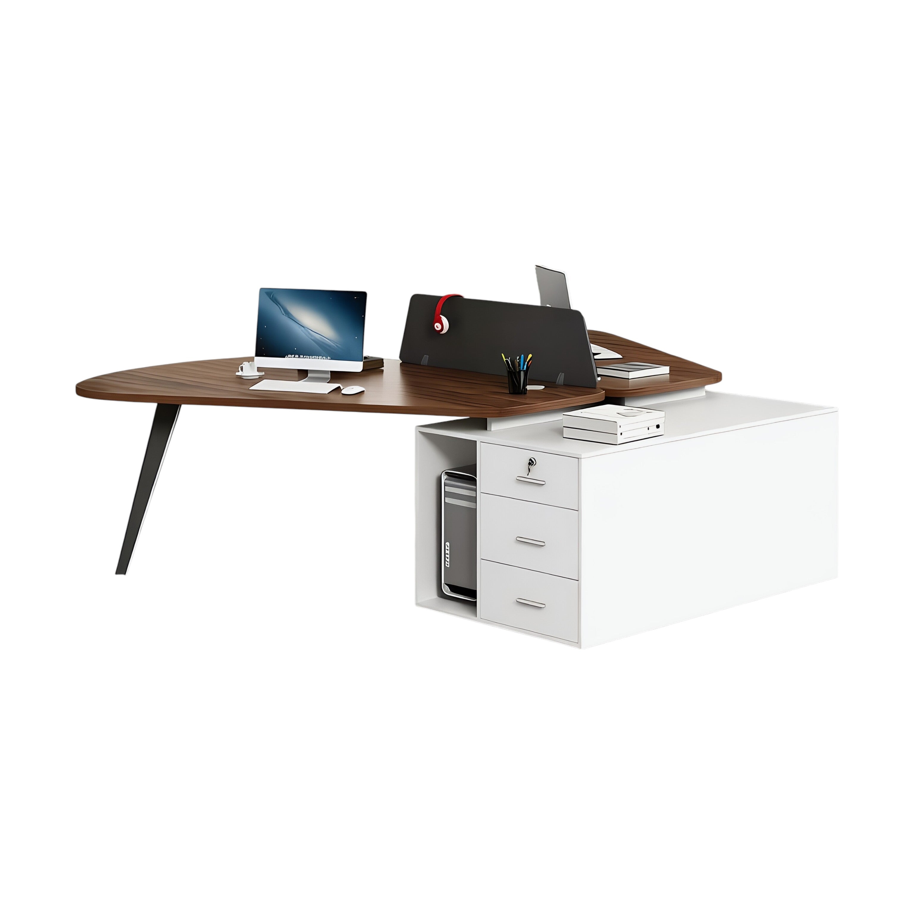 Modern Butterfly-Shaped Office Workstation Desk with Central Storage and Privacy Divider Screen