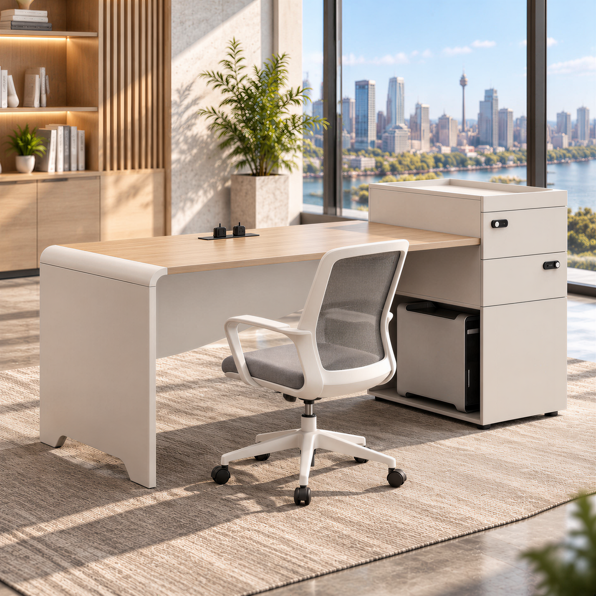 Modern Staff Desk with Curved Privacy Screen & Side Cabinet